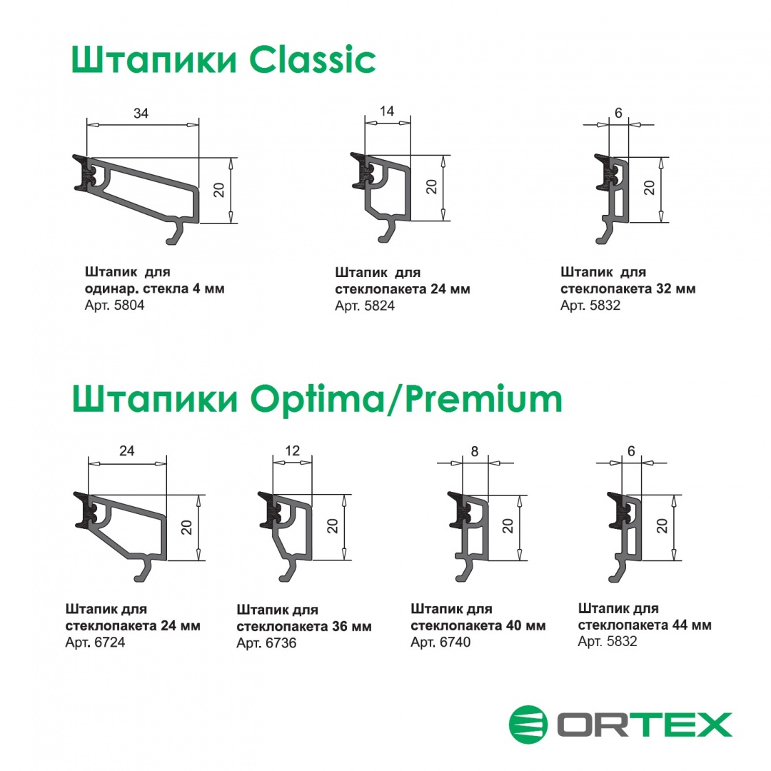 Ассортимент штапиков ORTEX